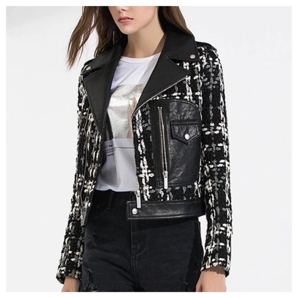 Gorgeous Black Tweed Vegan Leather Jacket - Picture 5 of 8